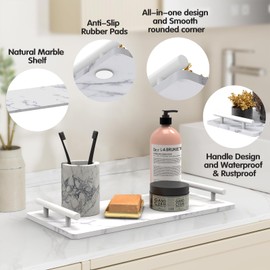 Bathroom Vanity Tray with Handle, Decorative Marble Tray for Countertop Organizer,Toilet Paper Basket Guest Towel Holder Tray for Bathroom, Cosmetic Desktop,Kitchen(White)