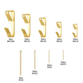 160 Pcs Picture Hangers Kit, Picture Hanging Hooks Kit, 9 Sizes Heavy Duty Golden Picture Hooks Hanging Hardware for Wall Hanging Photos Frames Mirrors Picture Painting Hangers