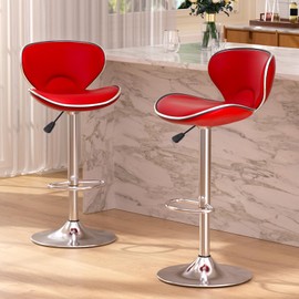 Bar Stools Set of 2, Adjustable Swivel Barstools for Kitchen Counter, Modern PU Leather Counter Height Bar Chair with Back and Footrest for Kitchen Island Dining Room Café Pub (Red)
