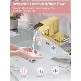 Cobbe Waterfall Bathroom Faucets 3 Hole, Brushed Gold Bathroom Sink Faucet Square 4 Inch Centerset with Pop-Up Drain, 2 Handle and 2 Supply Hoses, Lead-Free Stainless Steel for Vanity Sink Rv