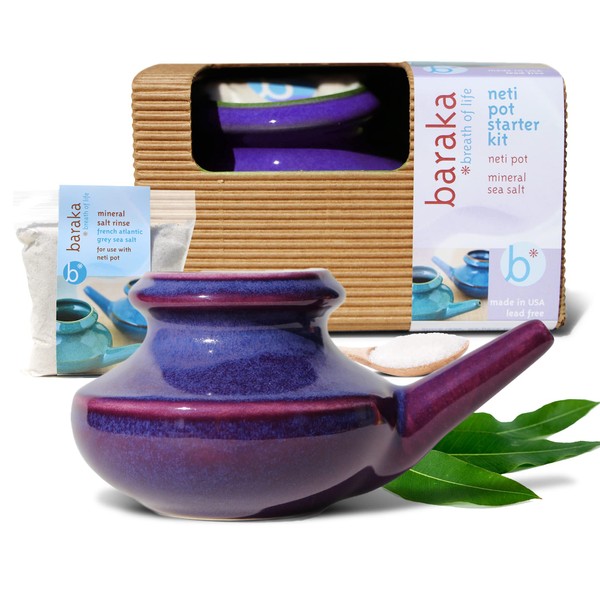 Baraka Handcrafted Ceramic Neti Pot w/Box and 2 oz Mineral Sea Salt Rinse (Purple) - Tool Kit for Home - Relaxing Gifts for Women - Snoring & Saline Solution