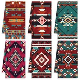 Redbaker 6 Pcs Southwestern Kitchen Towels Boho Aztec Theme Dishtowels Decorative Native American Hand Tea Towels for Absorbent Kitchen Decor with Hanging Loop for Room Home Housewarming Gift