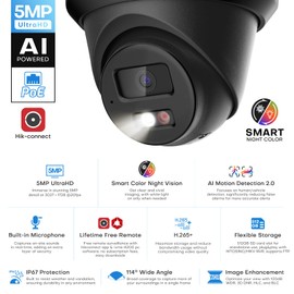 HITOSINO 5MP IP PoE Camera, Outdoor Turret Camera with Mic/Audio, Hikconnect/SADP/iVMS4200, Smart Color Night Vision, Low Light Starlight, Human Vehicle Detection, 114° FOV, Metal IP67, 512GB SD Slot