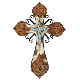 Cowhide Tooled Leather Cross with Turquoise Layer in Resin and Metal Combination