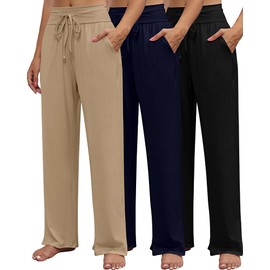 Neer 3 Pack Women's Lounge Pants Wide Leg Yoga Sweatpants with Pockets High Waisted Drawstring Lounge Loose Workout Jogger (Mocha, Black, Navy Blue,Large)