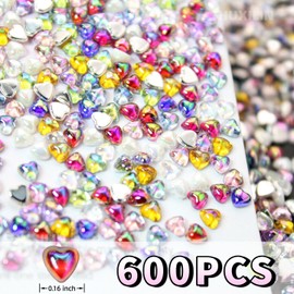 600Pcs Colorful Heart Nail Rhinestones Aurora Valentine Heart Nails Art Charms Mini Hearts Shiny Resin Diamonds Design Multi-Color Flatback Crystals Hearts Nails Charms for Women Manicure Nails Decor