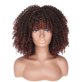PORSMEER Curly Afro Wig Women's Full Fluffy Hair Kinky Curly Bob Ombre Dark Brown Wig Volume with Fringe for Black Women Natural Synthetic Hair Wig 14 Inches Dark Brown with Auburn
