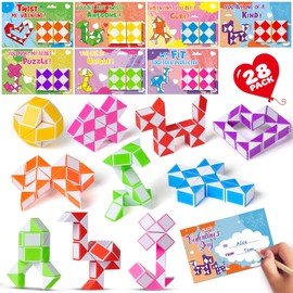 Valentines Day Cards for Kids School, 28 Packs Valentine’s Cards with Snake Cubes Twist Toys, Stress Relief Fidget Toys, Ideal Kids Exchange Gifts for School Classroom, Perfect Valentine Party Favors