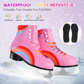 LEVYTEMP Women's/Girls Figure Ice Skates - Youth Pink Rainbow Figure Skating Shoes with Two Insoles - Comfortable, Safe Indoor Outdoor Rink Size US 8
