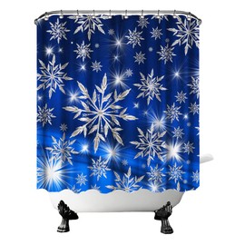 FuShvre Snowflakes Shower Curtain Dark Blue Christmas Bathroom Curtain with Silver Shinning Light Winter Holiday Home Decor Waterproof Fabric Hooks Included 72X72 Inches