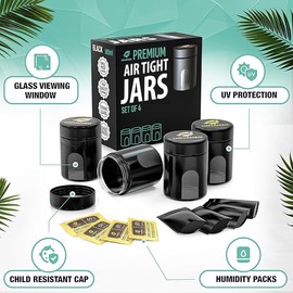 Premium Airtight Glass Storage Jars 180/120ml with 69% Humidity Control 4 Packs - UV Air Tight Jars with Child-Resistant Lid - Airtight Jar Container, Air Tight Storage,Storage Jars for Herb/Spice