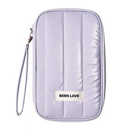 DOB SECHS Long Passport Holder Wallet for Women Family Puffy Rfid Blocking Passport Cover with Wristlet, Waterproof Nylon Travel Accessories Organizer Pouch Bag Case with Multiple Card Slots, Purple