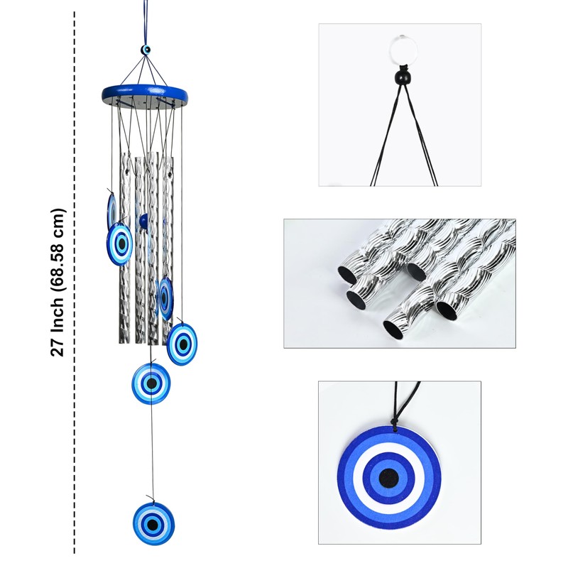 27-Inch Evil Eye Wind Chime with 4 Silver Pipes for