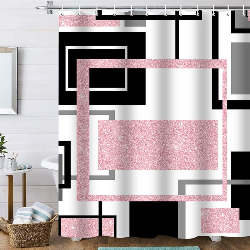 Onalasyc 4Pcs Pink Geometric Shower Curtain with Rugs Set Waterproof