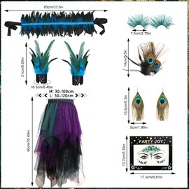 Charfia Peacock Costume Women, 7 Pieces Carnival Costume Women's Fancy Dress Peacock Costume Peacock Women's Peacock Tulle Skirt Women's Fancy Dress Costume Women's Costume Accessories Peacock Costume