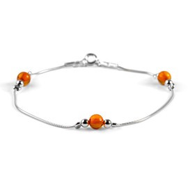 HENRYKA 925 Sterling Silver & Cognac Amber Gemstone Bracelet | Boho Style Snake Chain Beaded Bracelet | Unique Summer Jewellery & Holiday Fashion Accessory for Teenage Girls & Women