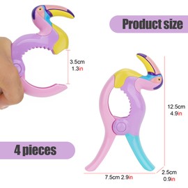 CAIRIAC Toucan Beach Towel Clips for Beach Chairs Cruise, 4 Pack Large Plastic Clothespins Heavy Duty Pool Lounge Chair Clips for Towels Blanket Clip Decoration Clamps Clothes Pegs (Purple, Pink)