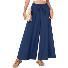 Bestbee Palazzo Long Pants for Women Dressy Casual Wide Leg Slacks Elastic Waist Outfits Flowy Pants with Pockets, L, Navy Blue