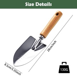 Aluminum Alloy Garden Trowel Tool: Small 28cm Gardening Trowel with Wood Handle for Planting Digging Transplanting – Heavy Duty Hand Garden Tools with Measurement Scale – Ergonomic Grip Graden Tool