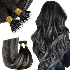 RUNATURE Nano Human Hair Extensions Black Ombre Silver Blonde Nano Hair Extensions Real Hair Black Nano Beads Hair Extension Real Human Hair Straight 14 Inch 50 Gram