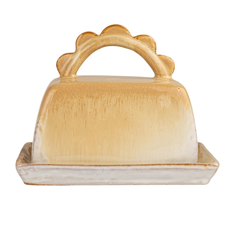 Bloomingville Stoneware Butter Dish with Scalloped Handle, Caramel