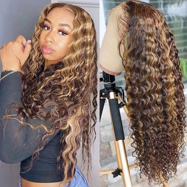 Pizazz Brown mix Gloden Color HD Transparent Lace Front Wigs Human Hair with Baby Hair 180% Density Brazilian Deep Wave Human Hair Wigs 13x4 Lace Frontal Wigs(20 Inch, Brown mix gloden color)