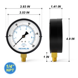 MEANLIN MEASURE 0-100Psi 4" DIAL FACE 1/4" NPT Well Pump Pressure Gauge with 1/2" NPT and 3/8" NPT Adaptor, 3-2-3% Accuracy，Lower Mount