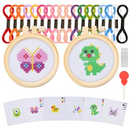Ysimple Embroidery Kits Cross Stitch Beginner Kit Includes 6 Project Patterned and 2pcs Embroidery Hoops, 18 Skeins, Needle Point Starter Kit Sewing Set with Instructions (Animals)