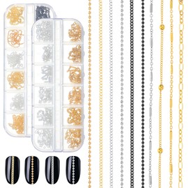 24 Strips 3D Nail Chains, Nail Chains for Nail Art with Box, Chains for Nails, Chain Nail Charms, for Women's Nail's DIY Art Line Decoration and Creation (Gold, Silver, Black)