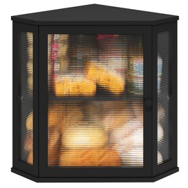 viewcare Corner Bread Box for Kitchen Counter, Bamboo Wood Large Capacity Bread Storage Bin with Acrylic Wavy Door Panel (Black, Extra Large)