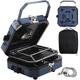 2-Burner Foldable Camping Stove with Griddle and Carrying Bag，16000 BTU Portable Propane Camp Stove with 2 Adjustable Burners & Piezo Ignition, for Camping, Home Backyard, Frying Turkey, Blue