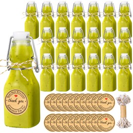 Teenyyou 20 PCS 4.05OZ Mini Flip Top Square Glass Bottle with Stoppers Decorative Swing Top Bottles Small Glass Bottles with Lids Kraft Adhesive Round Stickers for Wedding Vanilla Extract Party Favors