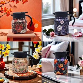 Seodon Vintage Floral Pattern Tea Thermos, Doresty Thermos Tea Pot, Vintage Floral Pattern Tea-Built-In Infuser, Stainless Steel Thermal Carafe with Lid for Hot Drinks(Green, Plastic handle)