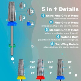 Depvko 3Pcs Carbide 5 in 1 Nail Drill Bit Set- Two Way Rotate Use for Both Left and Right Handed- XF， F， M 3/32 Inches Brocas Para Drill Nails for Acrylic Nail Gel Fast Remove