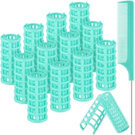 12 Pieces Snap on Hair Roller, Large Size Plastic Hair Rollers Hair Curlers with Steel Pintail Comb Rat Tail Comb for Short Hair Long Hair Hairdressing Styling Tools (Light Green,6.8 x 2.5 cm)