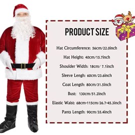 Ceilia Santa Claus Suit Costume for Adult Men Deluxe Flannel Santa Outfit 9PCS for Christmas Party Cosplay (Crimson)