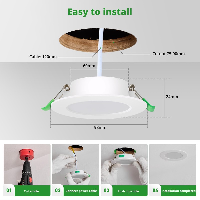 HOMEOW LED Recessed Spotlight, 230 V, Dimmable, Flat, 7 W