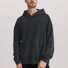 FAIABLE Mens Oversized Hoodie Couples Terry Heavyweight Hoodies Pullover Vintage Acid Wash Hoodie Cool Big and Tall Sweatshirts Hoodies for Men Winter Autumn College Streetwear Dark Black