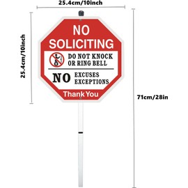 HEIOKEY No Soliciting Sign with Stake 10" x 28" Aluminum Do Not Knock or Ring Bell, No Excuses, No Exceptions Yard Sign, No Soliciting Thank You Sign, No Solicitors Sign for House Lawn Business (Red)