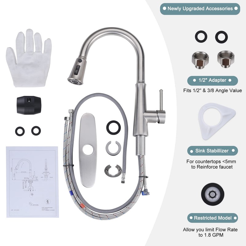 WOWOW Kitchen Faucet with Pull Down Sprayer, Stainless Steel Brushed