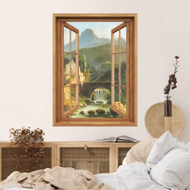 SIGNWIN Removable Wall Sticker/Wall Mural Window View Vintage European Bridge Mountain Nature Wilderness Fine Art Rustic Decorative Landscape Digital Art for Living Room, Bedroom, Office - 24"x32"