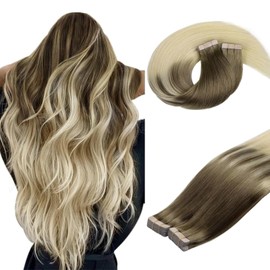 DOORES Tape in Hair Extensions Human Hair, Ombre Ash Brown to Platinum Blonde 18 Inch 40pcs 100g, Human Hair Extensions Tape in Skin Weft Remy Hair Extensions