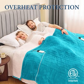 greenoak Heated Blanket Electric Queen Size 84"X90" Dual Control, Heating Blanket with 10 Heat Levels 1/2/4/6/8 Hours Auto-Off Overheat Protection, Soft Sherpa Warm Blanket, ETL Certified Aqua Green