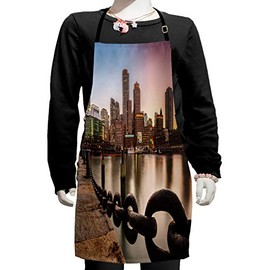 Ambesonne Massachusetts Apron, Fan Pier Park with Boston City Skyline Modern Urban Life Themed Design Print, Small Apron Bib with Adjustable Ties for Baking Painting, Small Size, Multicolor