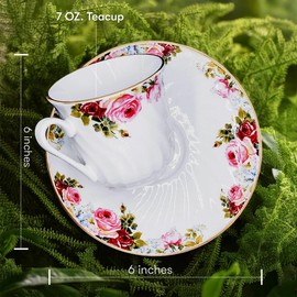 Lynns Porcelain Vintage Floral Saucer & Tea Cup Set with Gold Trims & Embossed Swirls - Tea Cups and Saucers for Parties & Celebrations - Philomena Tea Cups Set of 6