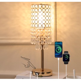 MonDaufie Gold Crystal Table Lamp Touch Control Lamp, 3 Way Dimmable with 2 USB Charging Ports, Gold Table Lamp for Night Stand, Small Desk Lamp for Bedroom, Living Room
