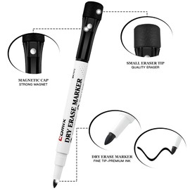 Comix Magnetic Dry Erase Markers, Fine Tip Black Whiteboard Markers with Eraser Cap, Low Odor Black Markers for Kids Teachers