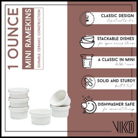 Vikko Mini White Ramekin, Pack of 12 Fine Porcelain Mini Ramekins, Stackable 2 Inch Dip Bowls, 1 Ounce Dips Dish, Dishwasher Safe