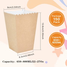 Worldity 150 Pcs Popcorn Boxes, 22-27 Oz Mini Paper Popcorn Box, Oil-Proof Kraft Paper Popcorn Bags, Popcorn Container for Movie Theater Carnival Birthday Party Supplies(3.54 x2.48 x5.35 Inch)