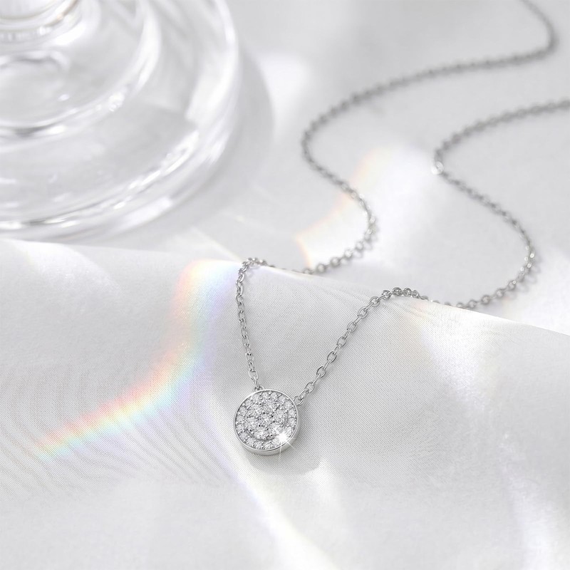 SAVORI 925 Sterling Silver Round Pave Cubic Zirconia Pendant Necklace,